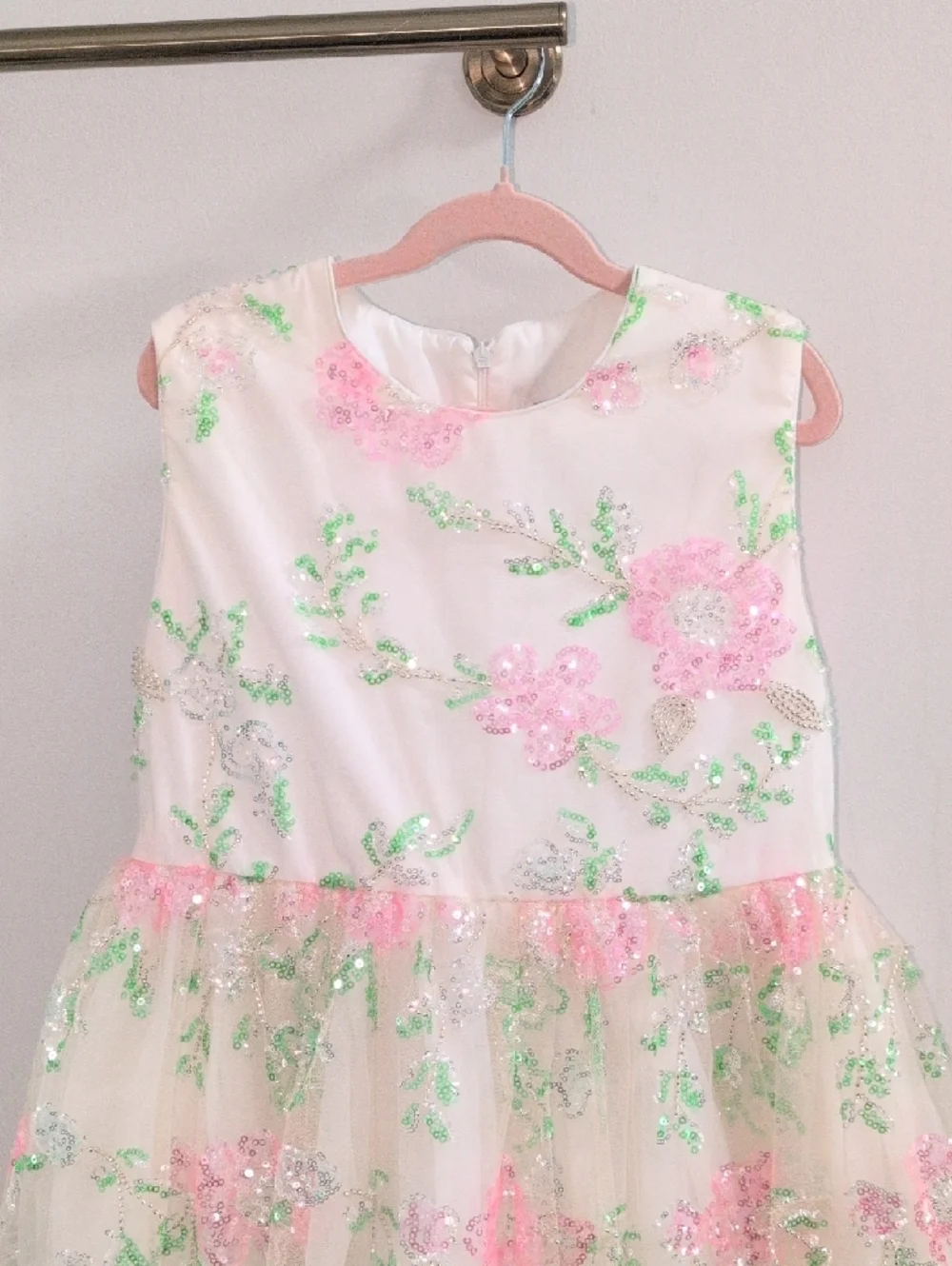Lola + The Boys White Floral Sequin Girls' Formal Dress - Pink & Green